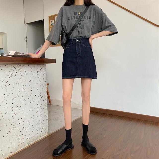 Chân Váy Denim Chữ A Lưng Cao Màu Xanh Dương Đậm Phong Cách Hàn Quốc Thời Trang Mùa Hè Mới Cho Nữ