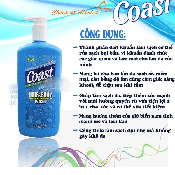 Sữa tắm gội nam Coast Hair & Body Wash Classic Scent 946ml