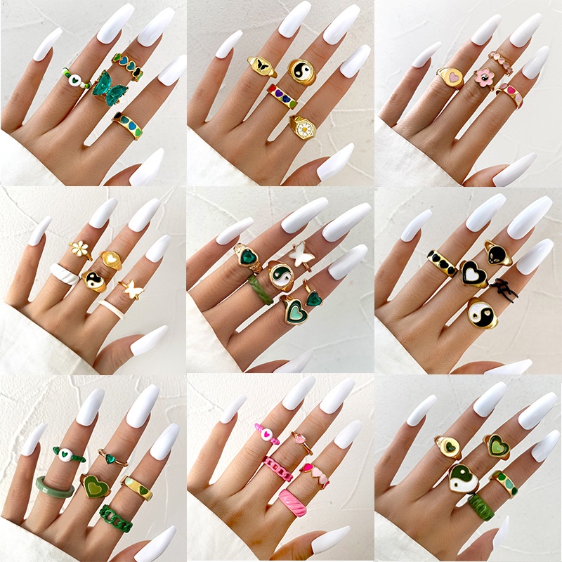 Bộ nhẫn 17KM khoét rỗng họa tiết trái tim / thái cực quyền phủ dầu đính đá pha lê nhiều màu sắc tùy chọn