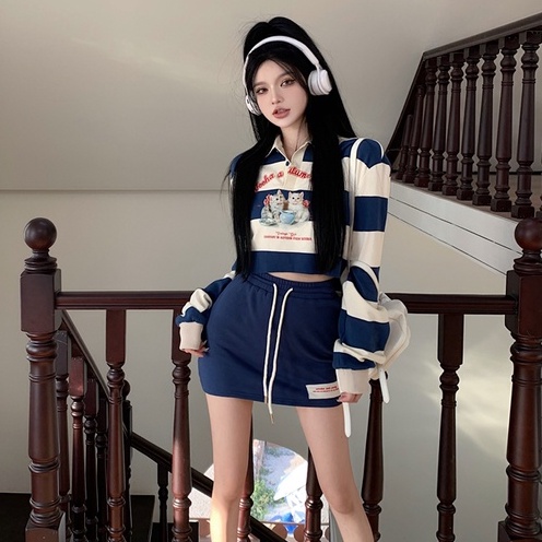 Set Áo Thun Tay Dài Kẻ Sọc In Hoạt Hình + Quần Lưng Cao Cột Dây Thời Trang Hàn Quốc Xinh Xắn Cho Nữ