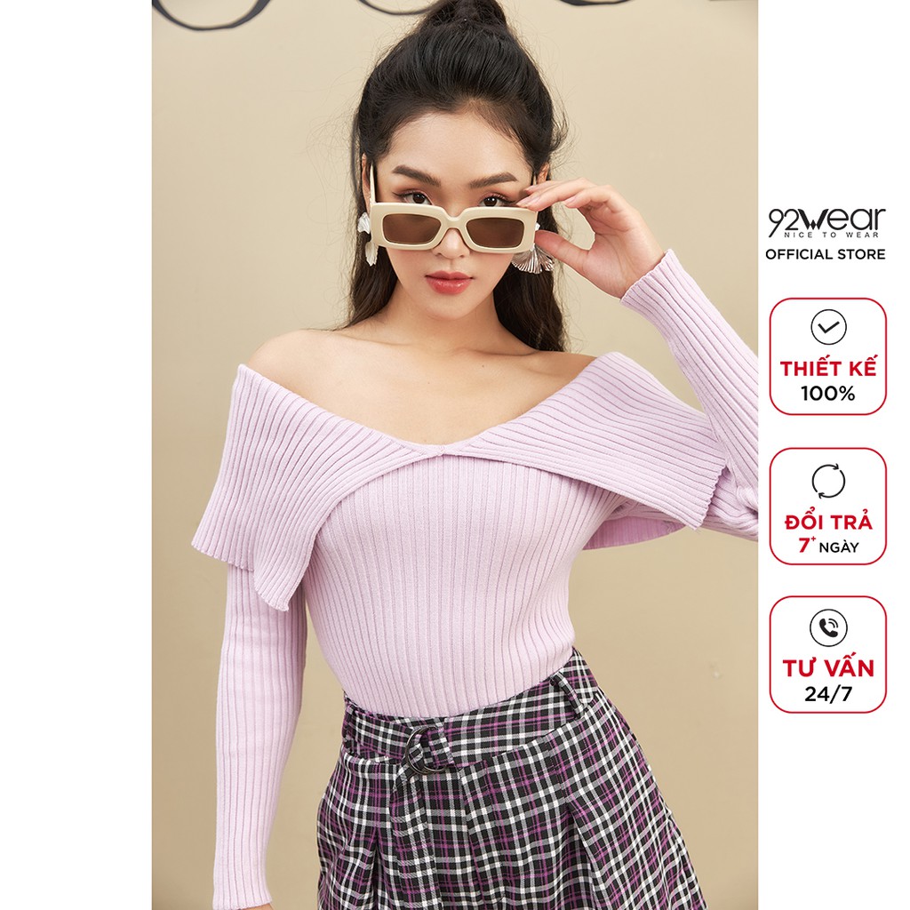 Áo len nữ dài tay trễ vai 92WEAR, thiết kế nữ tính, gợi cảm, chất len lông thỏ ALA0069