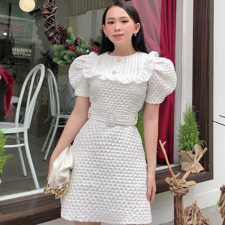 Đầm đi tiệc, đầm gân cổ bèo đáng yêu, kèm thắt lưng, tôn dáng xuất sắc VINTAGE