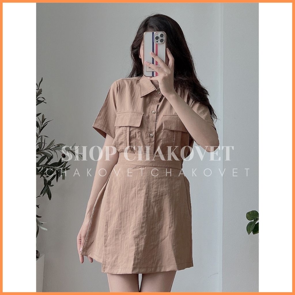 Set đồ nữ mùa hè đi biển S8288, bộ set sơ mi quần đùi giả váy áo cộc tay 2 túi sang chảnh cá tính freesize - CHAKOVET