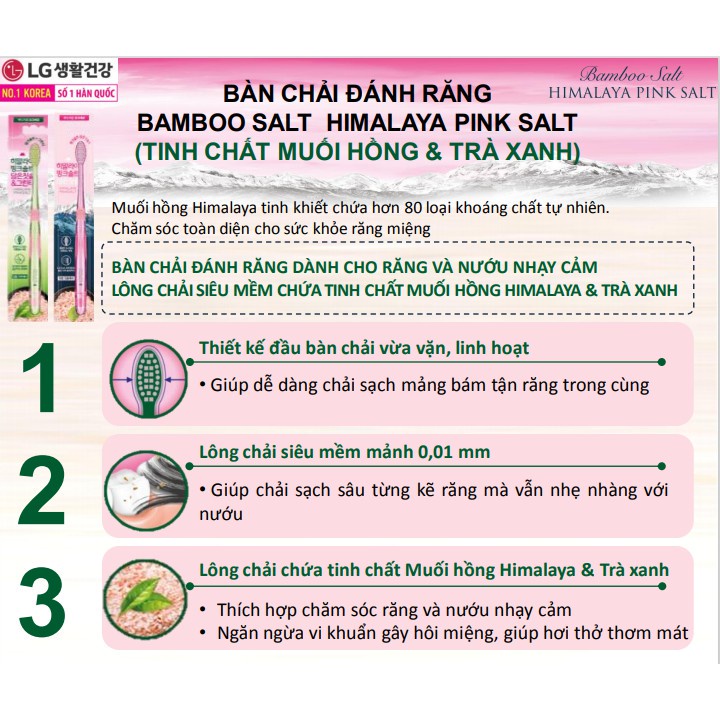 Bàn chải răng Bamboo Salt Himalaya Pink Salt Tinh chất muối hồng và trà xanh giúp hơi thở thơm mát (màu ngẫu nhiên)
