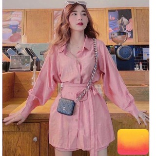 Set bộ Áo giả Sơ mi form dài thắt nơ eo và Quần short ngắn, năng động mà lại lịch sự tinh tế, SET SƠ MI KÈM QUẦN