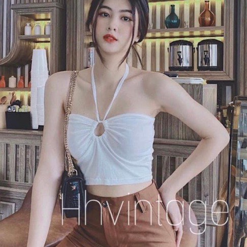 Áo croptop thun bozip kiểu luồn dây tròn cột cổ sexy