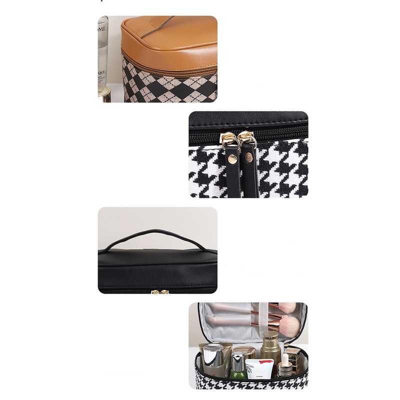 Túi Đựng Mỹ Phẩm Cầm Tay Họa Tiết houndstooth Màu Trắng Đen Đơn Giản Chống Thấm Nước Dùng Khi Đi Du Lịch