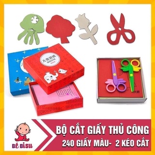 Bộ kéo cắt giấy thủ công kèm 240 tờ thủ công cắt dán cho bé cực hot