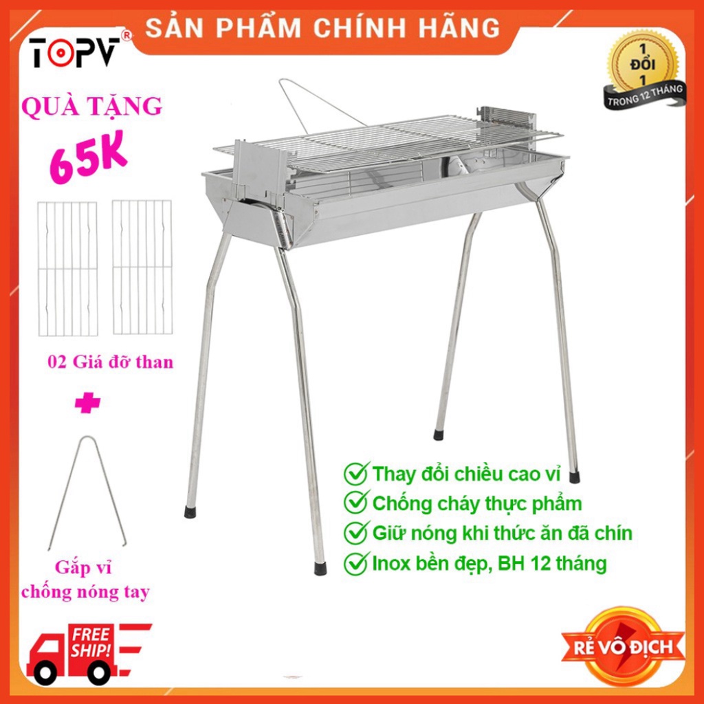 Bếp nướng than hoa TopV VCL thay đổi chiều cao vỉ, Bếp nướng than hoa không khói, nướng ngoài trời, lò nướng than inox -