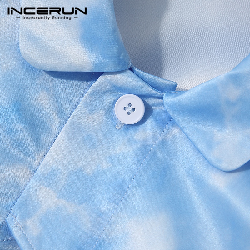 Áo sơ mi croptop INCERUN tay dài màu xanh nhuộm thời trang cho nam