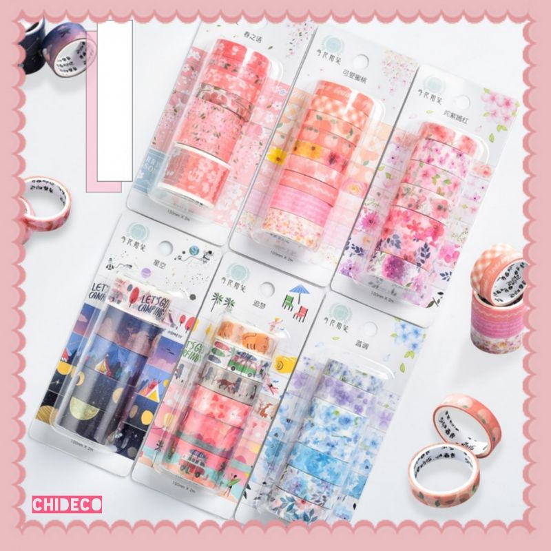 Set băng dính washi tape trang trí họa tiết hoa