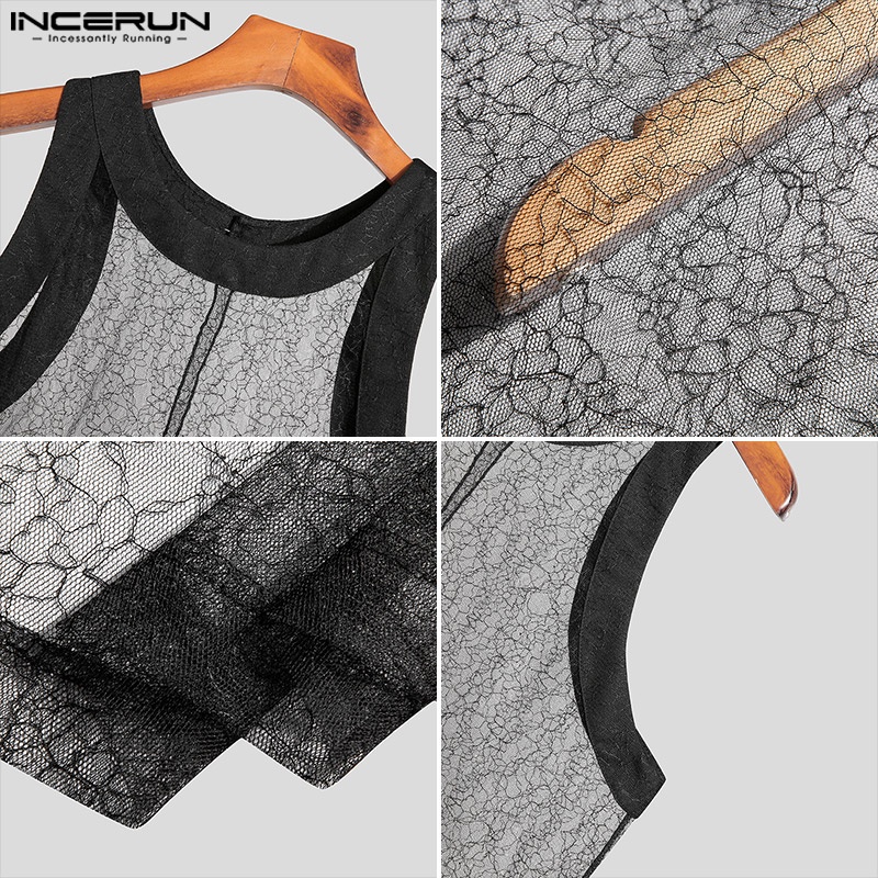 Áo choàng Kaftan INCERUN thiết kế không tay xuyên thấu phối ren gợi cảm cho nam