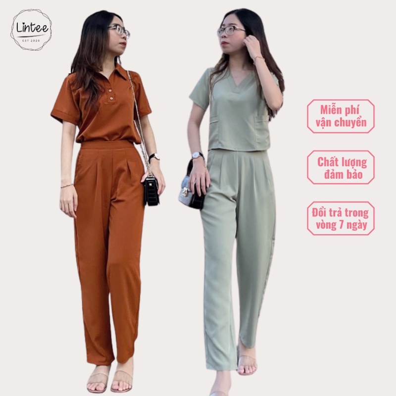 Set Đồ Nữ Đẹp Áo Cổ Tim Quần Dài Ống Suông Freesize Xinh Xắn Thời Trang Nữ Lintee