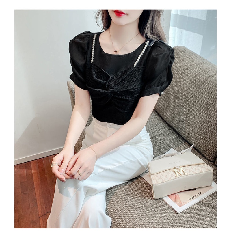 Áo Sơ Mi Tay Ngắn Phồng Đính Ngọc Trai Thời Trang Dành Cho Nữ