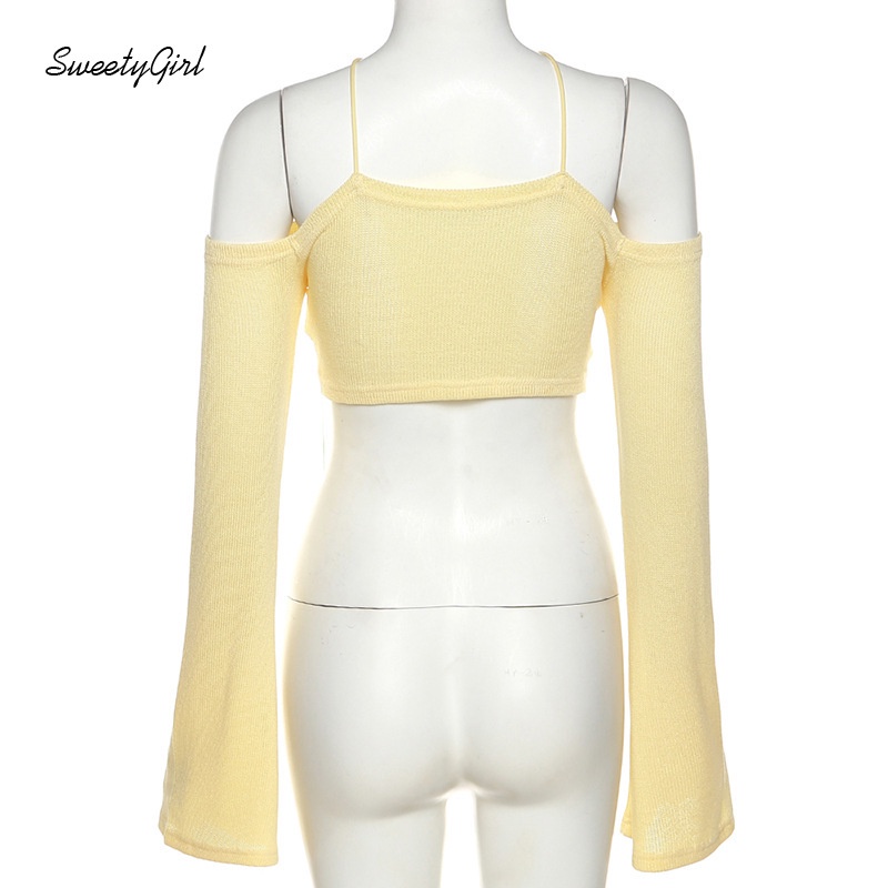 Áo Dệt Kim Tay Dài Hở Vai Màu Trơn Thời Trang 2022 Dành Cho Nữ