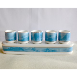 Án năm-Bộ năm ly nước thờ cúng bàn thờ gốm sứ xanh