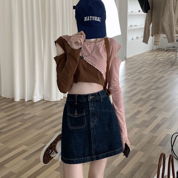 Chân váy jeans IHKKE lưng cao phong cách retro thời trang cho nữ