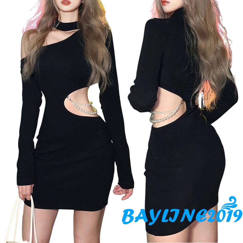 Đầm Ngắn Tay Dài Hở Vai Màu Trơn Đính Ngọc Trai Giả Thời Trang Mùa Thu Dành Cho Nữ