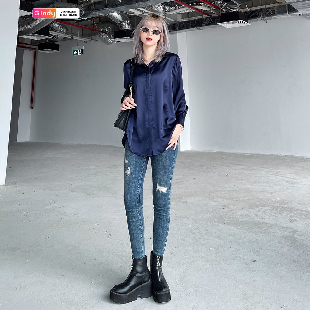 Áo sơ mi nữ form rộng màu xanh cổ đức vải lụa mềm GINDY basic sơmi công sở, sinh viên học sinh A10026