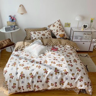 Bộ Chăn Ga Gối  4 món COTTON LIVING 100% kiểu Hàn set Gấu Teddy Trắng Ga Kẻ Tinh Nghịch