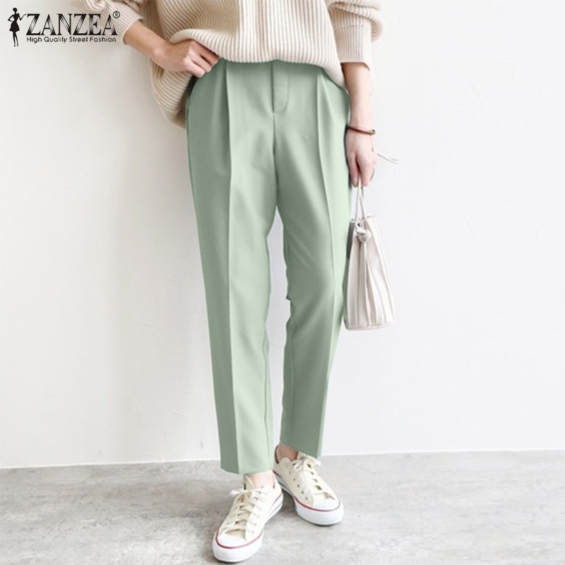 Quần dài lưng thun ZANZEA có túi màu trơn thời trang dành cho nữ