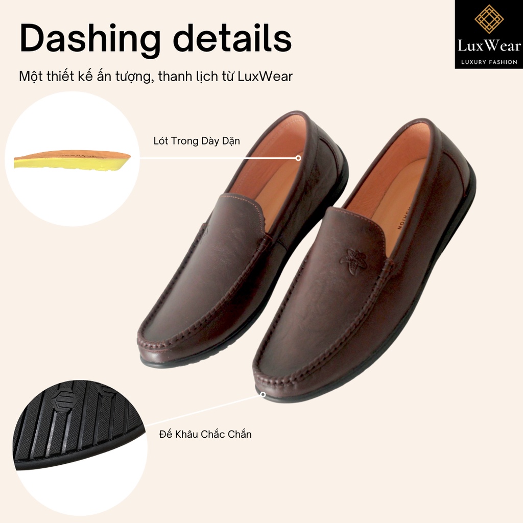 Giày lười nam da bò cao cấp đế khâu LuxWear màu nâu có quà tặng kèm tất lười hoặc lót giày cao cấp - GLK