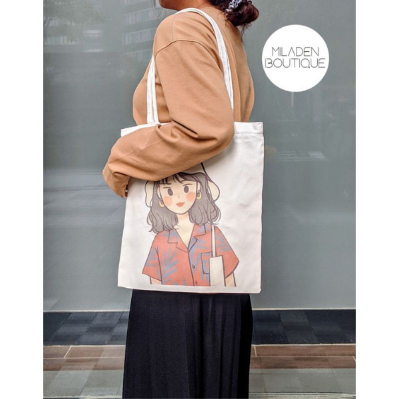 Túi Tote Vải Canvas Thiết Kế Girl Đội Nón, Hộp Fullbox, Vải Dày, Có Khóa Kéo, Ngăn Nhỏ, Lớp Lót  Miladen.