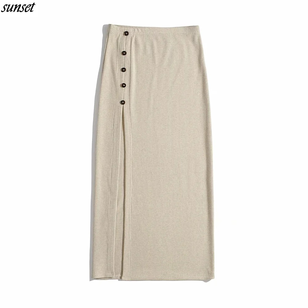 Sunset   Áo Đầm Hai Dây Cài Nút Ôm Dáng + Chân Váy Dài Lưng Cao Xẻ Tà Thời Trang Mùa Thu Hàng Mới Năm