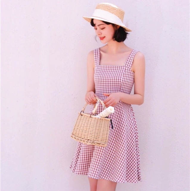 🍍Đầm xoè CARO hồng baby form ngắn dễ thương 🌺 Kèm ảnh thật