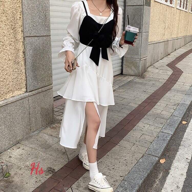 Đầm Nữ Cổ Vuông Kèm Áo Gile Nơ Ngực 🦋 Váy Nữ Chất Đũi Dài Tay Viền Tầng Xẻ Vạt 🦋 | BigBuy360 - bigbuy360.vn