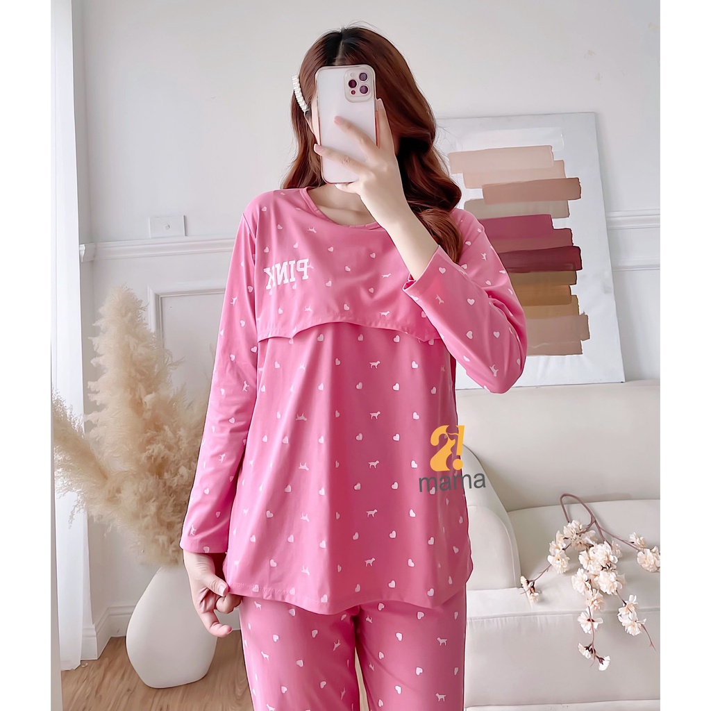 Bộ đồ bầu và sau sinh  2MAMA dài tay pink, chất cotton cao cấp cho mẹ bầu mặc nhà có nắp mở cho con bú V008