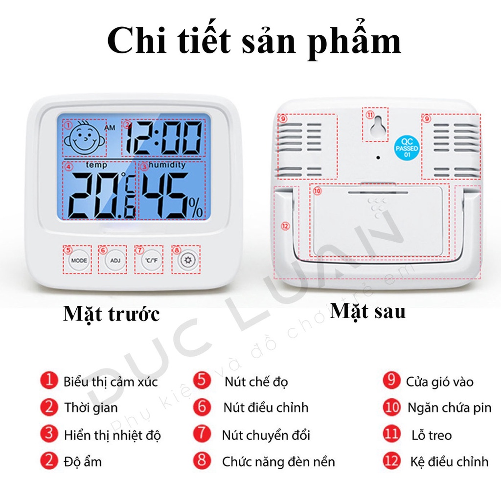 Nhiệt Ẩm kế Điện Tử Đo Nhiệt Độ Và Độ Ẩm Phòng Ngủ Cho Bé - Nhiệt kế cảnh báo độ ẩm