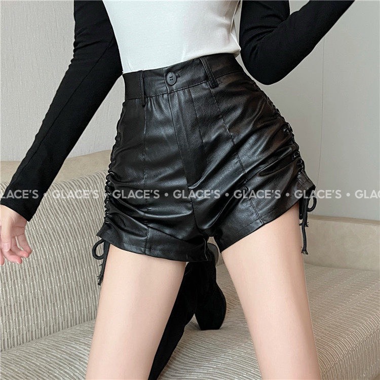 [Ảnh thật/ Hàng sẵn] Quần short da ⚡FREESHIP⚡ Quần sooc da nữ cạp cao rút dây hai bên hông, siêu tôn dáng, đầy cá tính