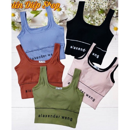 Áo Croptop kiểu có mút ngực in chữ alaxender weng, chất liệu thun gân tăm thoáng mát, thích hợp tập gym, đi dạo