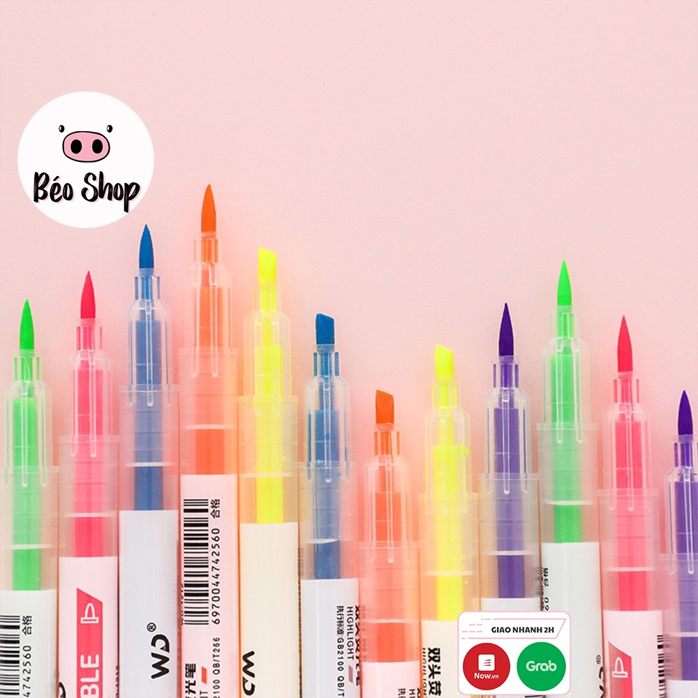 Set bút dạ quang highlight 2 đầu Béo shop , bút ghi chú đánh dấu nhiều màu marker dễ thương B08
