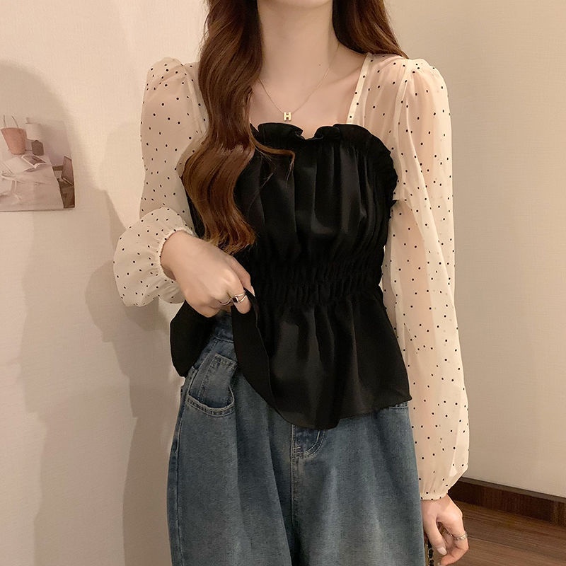 Áo Kiểu Dài Tay Cổ Vuông Họa Tiết Chấm Bi Thiết Kế Mới Thời Trang Mùa Thu Dành Cho Nữ