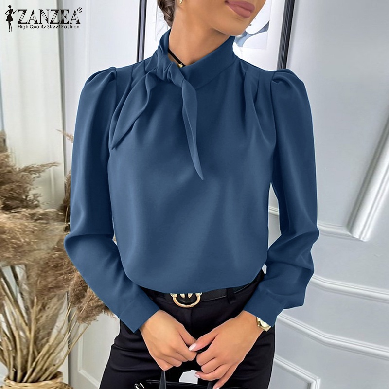 Áo kiểu Zanzea tay phồng cổ thắt nơ phong cách châu Âu thanh lịch dành cho nữ