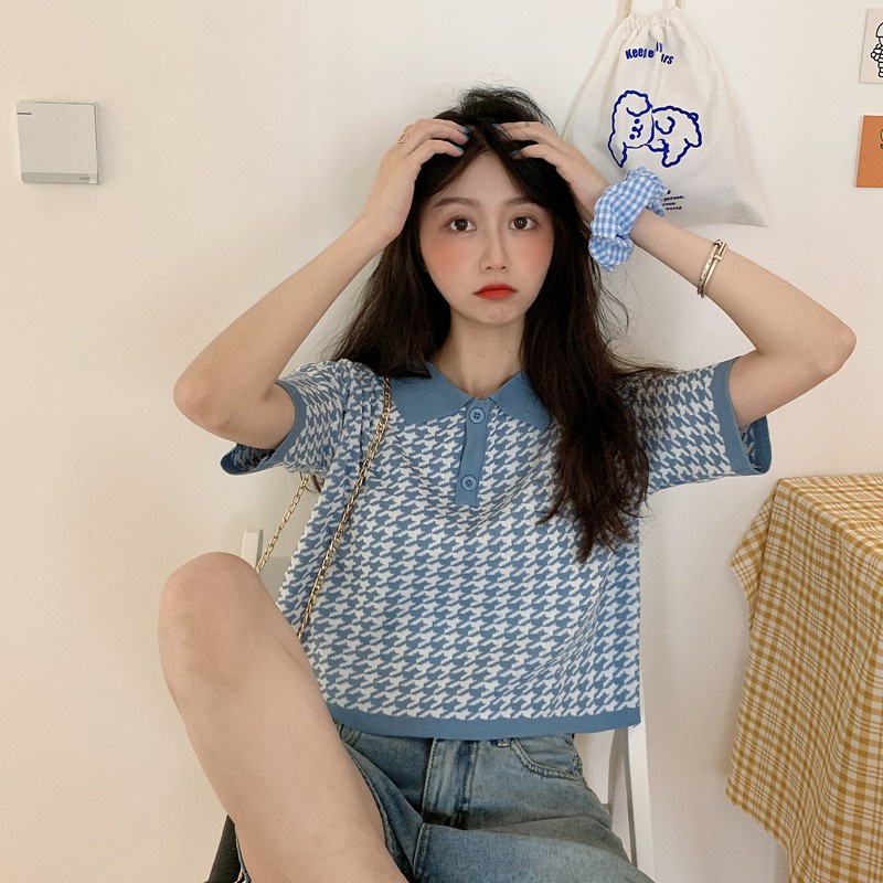 Áo Croptop Dệt Kim Tay Ngắn Dáng Rộng Cổ Bẻ 2 Màu Phong Cách Hàn Quốc Thời Trang Cho Nữ B-12