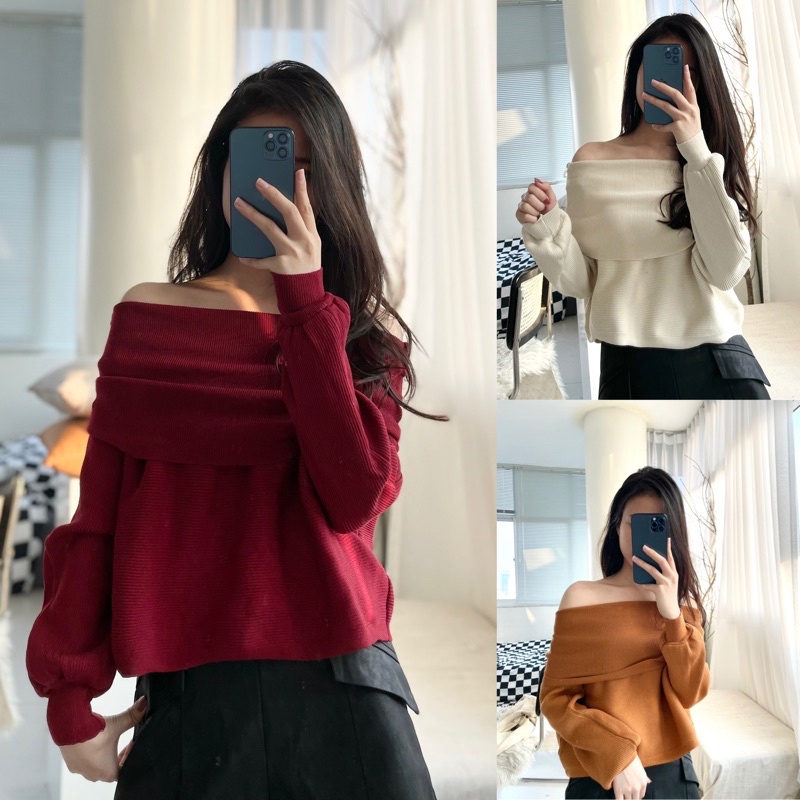 (SẴN) Áo len trễ vai dáng ngắn