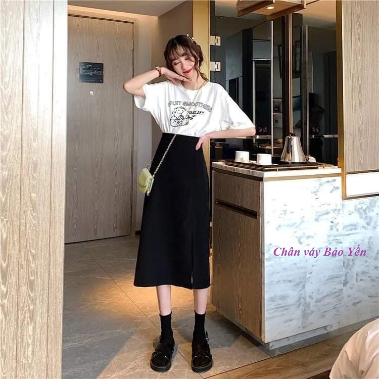 Chân váy midi dài xẻ tà trước đùi ( sẵn size) _M28
