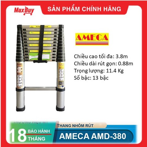 Thang Nhôm Rút Đơn 13 Bậc Ameca AMD-380 3.8m, thương hiệu Mỹ, bảo hành chính hãng