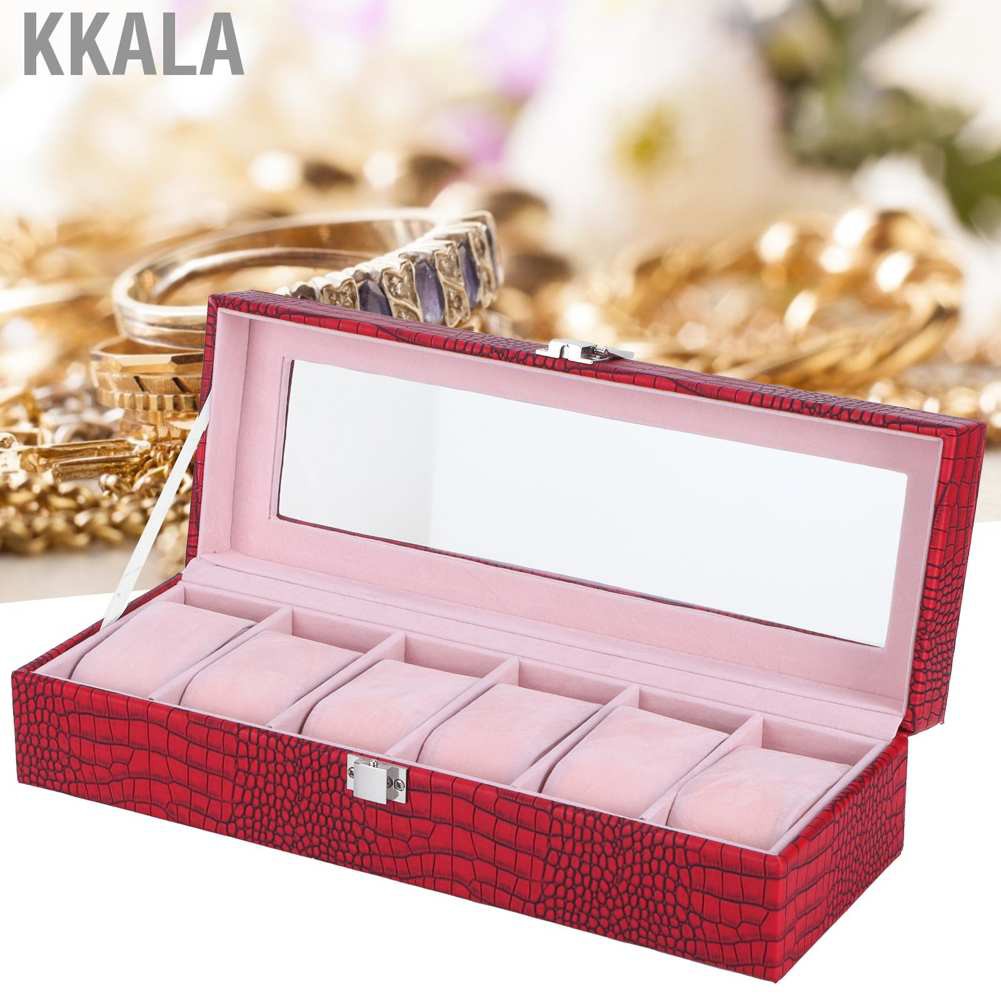 Kkala 6 Slot Watch Box PU Leather Rectangular Wristwatch Display Case Storage Organizer Wine Red