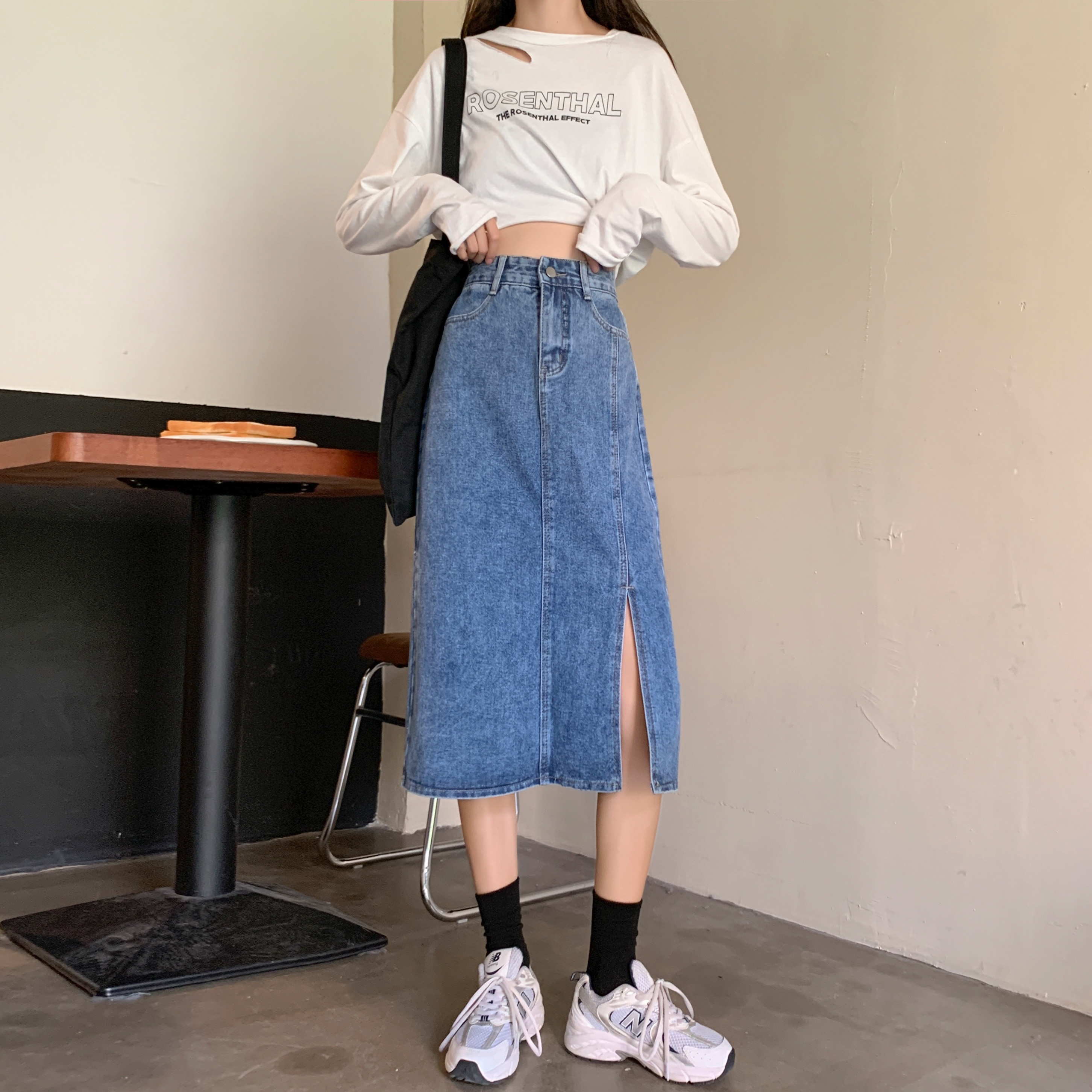Chân Váy Denim Nữ Lưng Cao Xẻ Tà Phong Cách Hàn Quốc | BigBuy360 - bigbuy360.vn