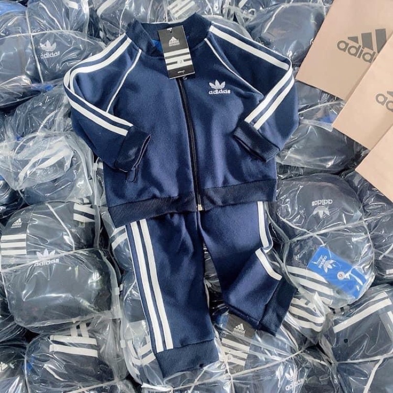 Bộ thể thao adidas xuất dư chất umi xanh than kéo khoá trẻ em ba sọc