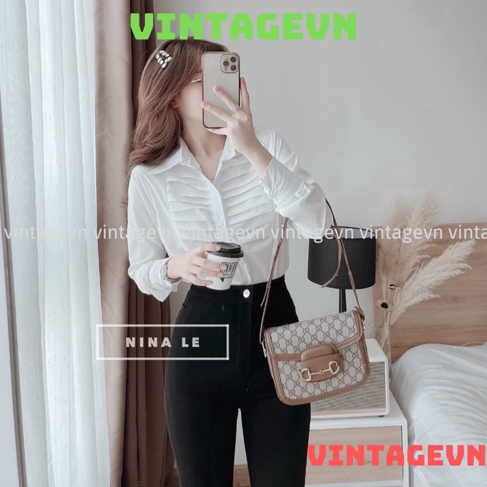 Áo sơ mi trắng xếp ly ngực hàng đẹp HA00002 vintagevn