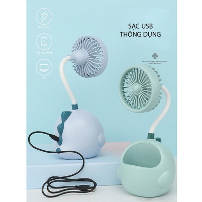 Quạt mini để bàn xoay 360 độ kiêm hộp đựng bút, quạt cầm tay đế hình thú ngộ nghĩnh - Mbra94