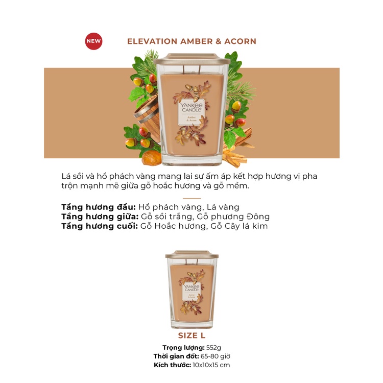 Nến ly vuông Elevation Yankee Candle size L - Amber &amp; Acorn (552g)