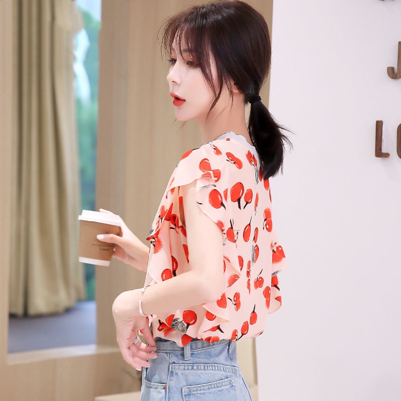 Áo Sơ Mi Chiffon Tay Ngắn Cổ Tròn In Họa Tiết Phong Cách Mới Cho Nữ