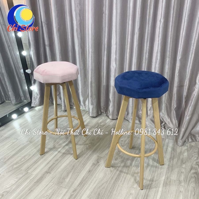 Ghế Quầy Bar, Makeup, Ghế Trang Điểm, Chụp Hình Bọc Da Nhung Chân Giả Gỗ Cao 75cm Và Xoay 360 Độ