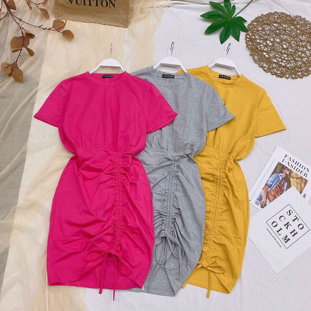 Đầm body tay ngắn bo eo rút dây 2 bên trơn cực xinh , chất thun bozip mềm mịn